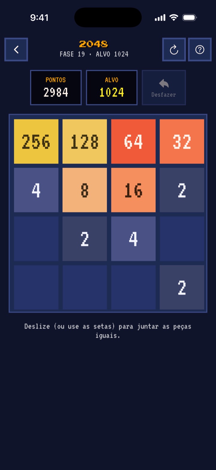 Partida de 2048 com alvo 1024 no estilo Fliperama, com fonte de pixel