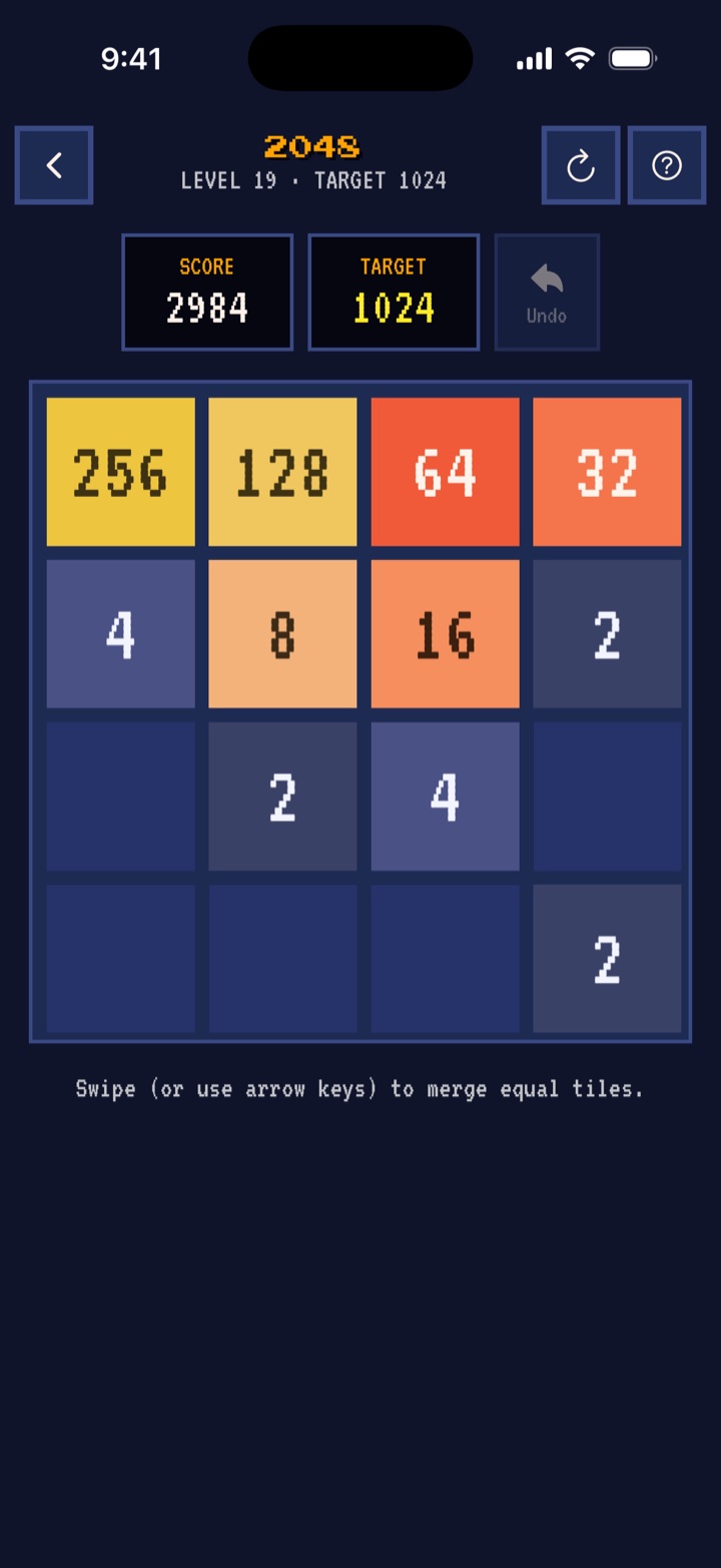 Eine Partie 2048 mit Ziel 1024 im Stil Arcade, mit Pixelschrift