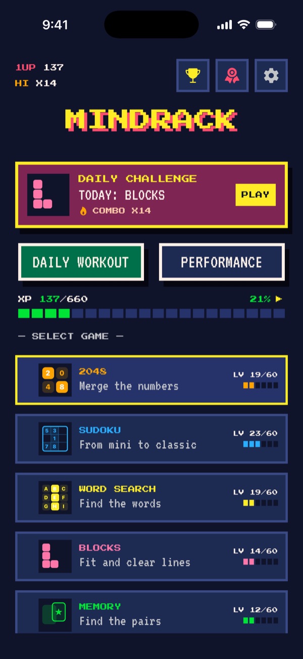 Startbildschirm von MindRack im Stil Arcade, auf Englisch