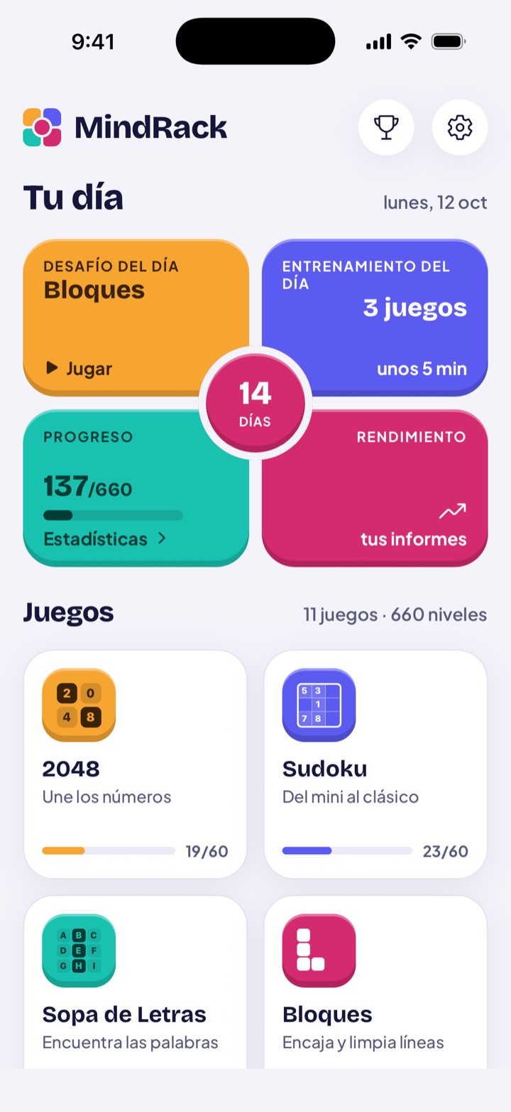 Pantalla de inicio de MindRack con el Desafío del Día, el Entrenamiento del Día, el progreso y una racha de 14 días
