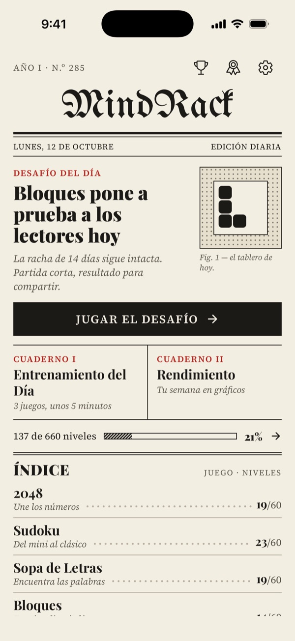 Pantalla de inicio de MindRack en el estilo Pasatiempos